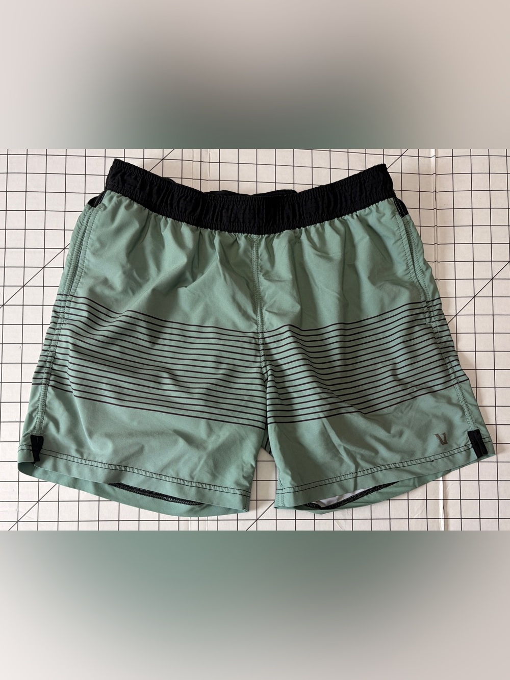 Vuori Mens Performance Running Shorts Mint Green Black Striped Lined Athletic
